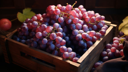 Box filled with ripe, succulent grapes, close-up realistic photo Generative AIの素材