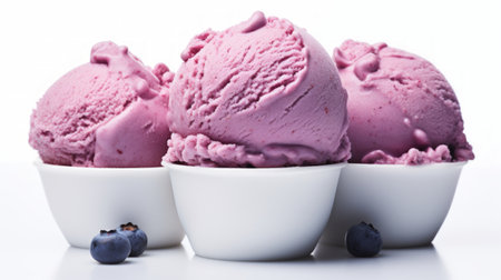 Close-up realistic photo featuring three scoops of luscious blueberry ice cream on a white background Generative AIの素材