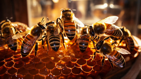 Generative AI Close-up shot of bees working in harmony inside a transparent observation beehive.の素材
