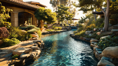 Generative AI Courtyard with a circular pool, modern house design, minimalistic features, calm waters, detailed and serene illustrationの素材