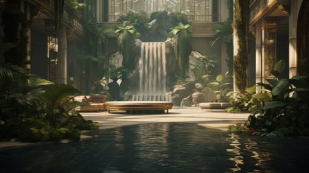 Generative AI Elegant atrium featuring lush indoor gardens and cascading water features.の素材