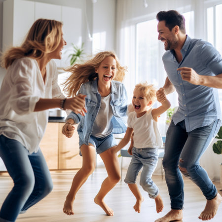 Stock image of a family having a dance party at home, energetic and joyful Generative AIの素材