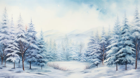 Generative AI Snow-covered forests with pine trees. aquarelleの素材