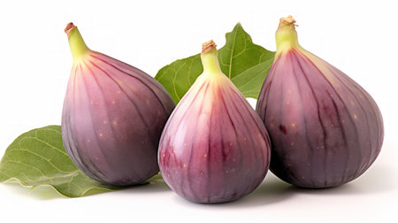 Three ripe figs captured in a close-up realistic photo against a white background Generative AIの素材