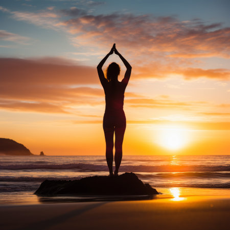 Stock image of a person doing yoga on the beach at sunrise, promoting health and wellness Generative AIの素材