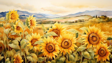 Generative AI Sun-kissed fields of sunflowers. aquarelleの素材