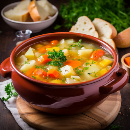 Stock image of a bowl of homemade vegetable soup with fresh ingredients, nutritious and comforting meal Generative AIの素材