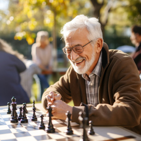 Stock image of an older man playing chess in a park with friends, strategic and engaging Generative AIの素材