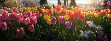 Generative AI Symmetrical tulip flowerbed featuring a colorful array of mixed tulip varieties.の素材