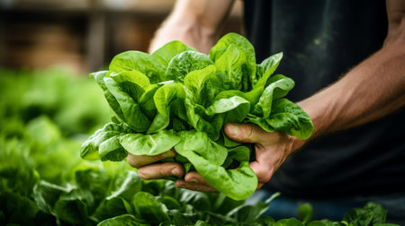 close-up of a man's hands holding a pile of lettuce leaves, harvesting in a greenhouse Generative AIの素材