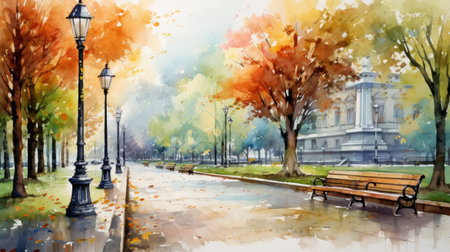 Generative AI Urban parks with colorful foliage. aquarelleの素材