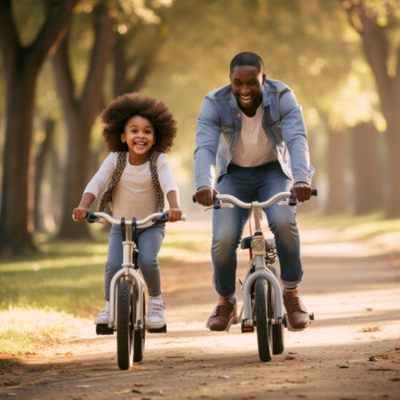 Stock image of a parents teaching their child to ride a bike, proud and supportive Generative AIの素材