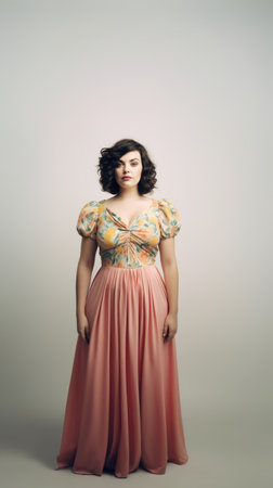 Generative AI plump girl 30 years old in a colored dress dynamic pose, on a white backgroundの素材