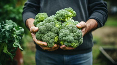 close-up of male hands holding broccoli, harvesting in the garden Generative AIの素材
