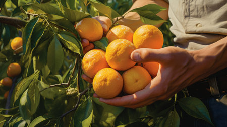 close-up of a man's hands holding a bunch of oranges, harvesting in the garden Generative AIの素材