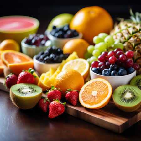 Stock image of a variety of colorful fresh fruits on a kitchen counter, healthy and natural snack Generative AIの素材