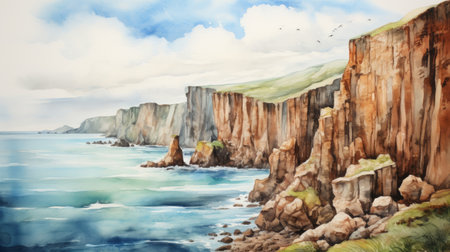 Generative AI Towering cliffs overlooking the ocean. aquarelleの素材