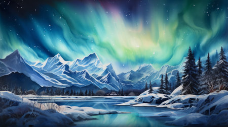 Generative AI A breathtaking view of the Northern Lights over snowy mountains. landscape watercolorの素材
