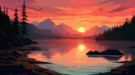 Generative AI A breathtaking sunset over a calm lake with mountains in the background.の素材