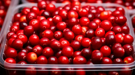 A box packed with vibrant red cranberries, close-up realistic photo Generative AIの素材