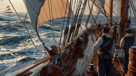 Generative AI A close-up of sailors working on the deck, realistic details, ocean background, photorealistic depictionの素材