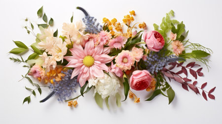 Generative AI A carefully arranged bouquet showcasing a mix of exotic and traditional flowers on a clean white surfaceの素材
