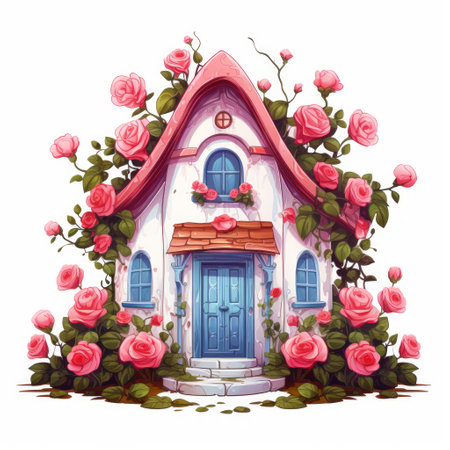 Generative AI A charming fairytale home adorned with vibrant climbing roses and a serene white backdrop.の素材