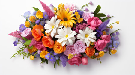 Generative AI A stunning bouquet featuring a blend of brightly colored flowers, set against a simple white surface, allowing space for customized text or logos.の素材