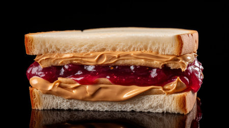 A delectable peanut butter and jelly sandwich showcased in a close-up realistic photo against a white background Generative AIの素材