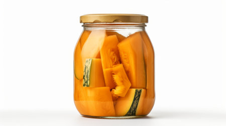 A close-up realistic photo of a glass jar packed with ripe, fragrant cantaloupes against a white background Generative AIの素材
