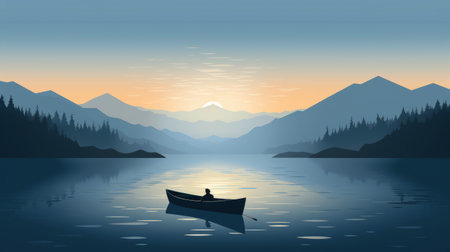 Generative AI A serene, fog-covered lake with a lone boat drifting. vector cartoon graphicの素材