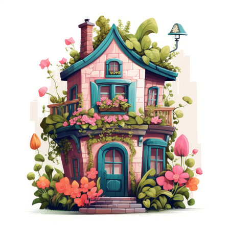 Generative AI A fairytale abode featuring a vibrant rooftop garden and quaint window boxes.の素材