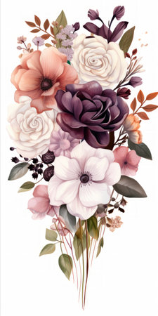 Generative AI An artistically arranged bouquet featuring a variety of blooms in rich hues, set against a pristine white surface, perfect for adding personalized text or logosの素材
