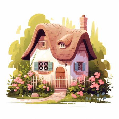 Generative AI A cute cottage with a thatched roof, nestled amidst blooming trees and a white fenceの素材