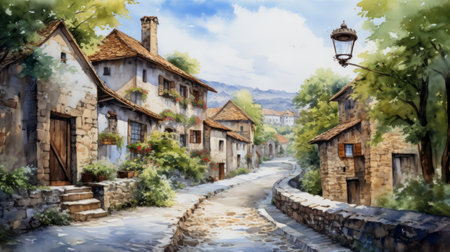 Generative AI A rustic, old-town European village with cobblestone streets. landscape watercolorの素材