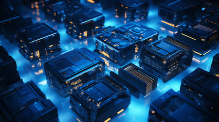 Generative AI A top-down view of a networked cluster of servers and workstations in a render farm, illustrating the interconnected infrastructure powering high-quality graphics and animationsの素材