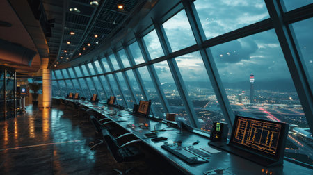 Airport control tower, air traffic controllers, bustling airport operations Generative AIの素材