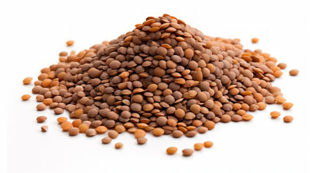 A small heap of lentils captured in a close-up realistic photo against a white background Generative AIの素材