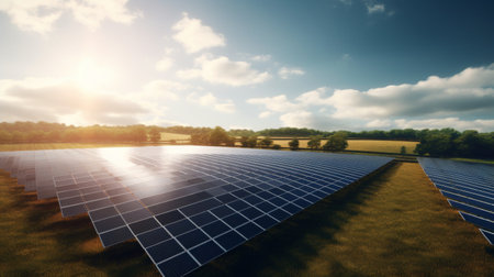 Generative AI A panoramic view of a solar array in an agricultural setting, showing the coexistence of energy generation and farming.の素材