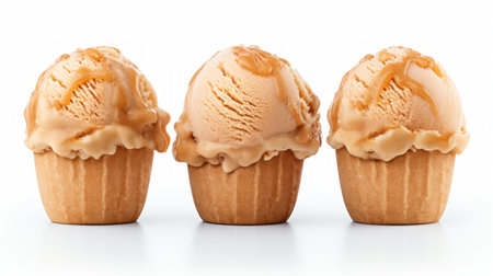 A trio of salted caramel ice cream scoops captured in a close-up realistic photo against a white background Generative AIの素材