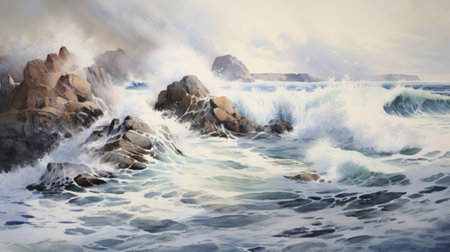 Generative AI A dramatic seascape with crashing waves and rocky cliffs. landscape watercolorの素材