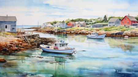 Generative AI A picturesque, quaint fishing village along the coast. landscape watercolorの素材