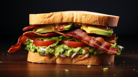 Close-up realistic photo featuring a gourmet avocado and bacon sandwich on a white background Generative AIの素材