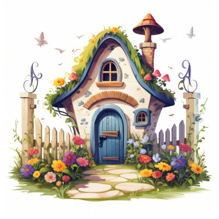 Generative AI A picturesque miniature house with a well-kept garden and a white wooden gate.の素材