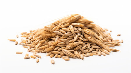 A small pile of barley grains showcased in a close-up realistic photo against a white background Generative AIの素材