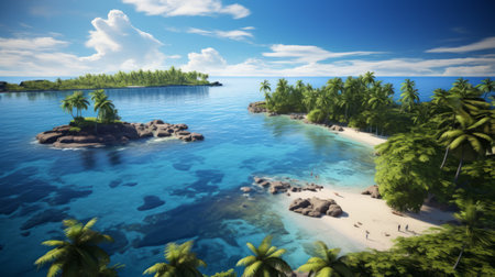Generative AI Bird's eye perspective offering a glimpse of palm-lined shores, secluded islets, and pristine beaches creating a postcard-worthy scene in a tropical paradise.の素材