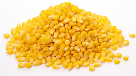 A small heap of corn kernels captured in a close-up realistic photo against a white background Generative AIの素材