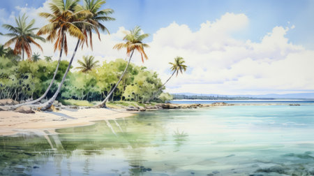 Generative AI A serene beach with palm trees and crystal-clear waters Land Art hyper realistic landscape watercolorの素材