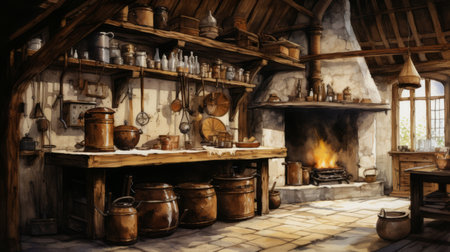 Generative AI Atmospheric watercolors depicting a rustic kitchen with loose linework details, showcasing maple syrup as a key ingredient in recipesの素材