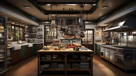 Generative AI An intricately detailed image of a high-end industrial-style kitchen with exposed brick walls and industrial lightingの素材